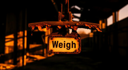 Weathered Weigh Sign Hanging In An Abandoned Industrial Location At Sunset