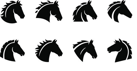 Vector art of eight black horse head silhouettes isolated on white background