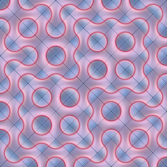 Illustration of a symmetrical, colorful, wavy pattern consisting of multiple square tiles, each containing an abstract geometric design. 3d rendering