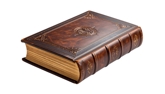 Antique leather bound book isolated on transparent background