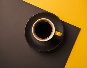 A cup of coffee on a yellow background, a cup of delicious black coffee on a bright yellow background. Minimal trendy concept. Flat lay, top view with copy space