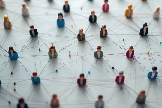 A network of colorful miniature figures connected by thin lines, representing social connections, business networks, or global communications