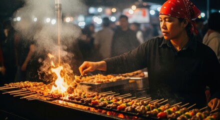 Asian female chef grilling skewers at night market with flames