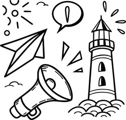 Doodle style lighthouse paper airplane and megaphone with speech bubble and sun