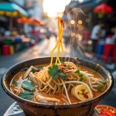 Malaysian laksa in street vendor dish, top view