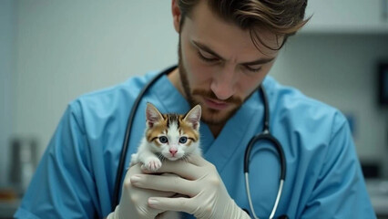 Cute small kitten at the vet. Close up. 