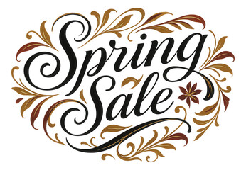 Elegant ornate design with "Spring Sale" in decorative script, featuring a vintage promo offer on transparent background.