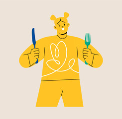 Woman holding knife and fork. Colorful vector illustration