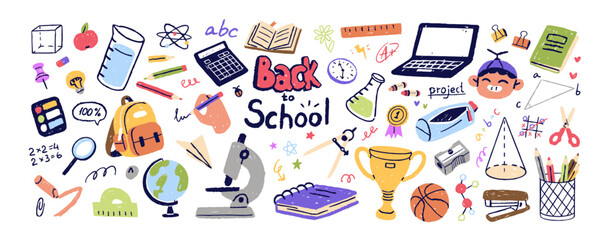 Set of school items in doodle style. Drawing icons of elementary education. Books for learning, stationery for studying, students' supplies. Hand drawn isolated vector illustration on white background