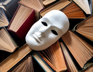 White Mask Displayed Amongst a Collection of Open Vintage Books