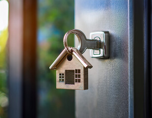 Close-Up of House Keychain in Keyhole Representing Security and Real Estate