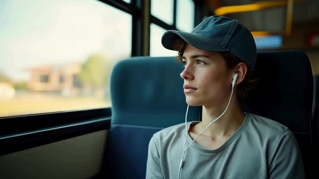 Pensive Young Woman on Public Transport, Listening to Music and Looking Out Window