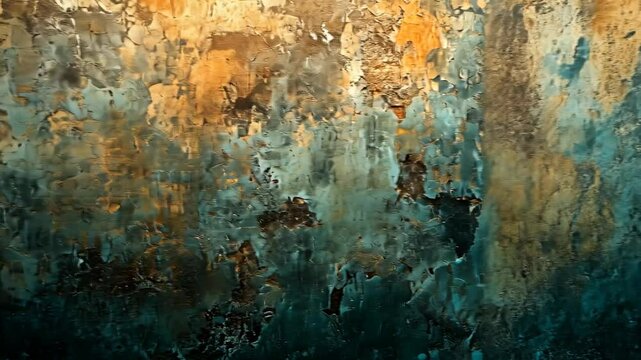 Abstract textured wall with vibrant colors showcasing peeling paint and layered patterns in a rustic setting