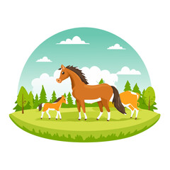 Horse Family in a Green Landscape Illustration