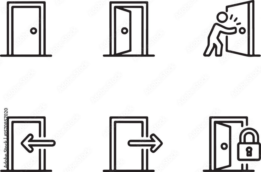 Poster conceptual door icons representing entry, exit, access, security, and choices with varying stages an