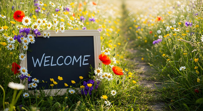Welcome Message Amidst Wildflowers On A Sunny Path In Spring Season