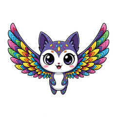 Cute mythical feline creature with colorful wings - isolated white background chibi illustration