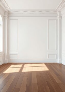 Empty white room with white wall decorated with plaster moldings and wooden floor studio or office blank space empty template for interior product mocha mousse color 2025 Empty room interior desig