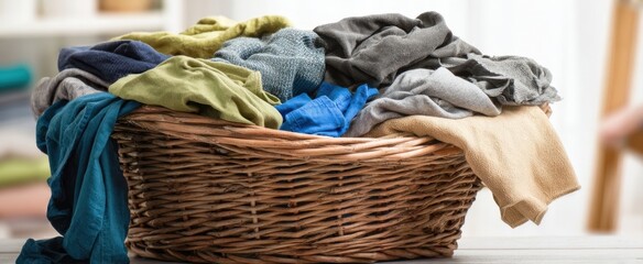 The full laundry basket overflowing with colorful clothes and textiles.