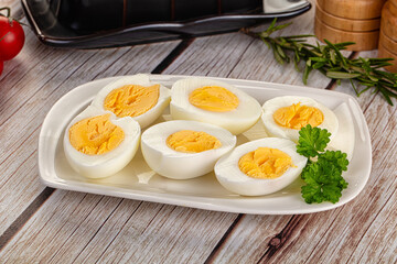 Boiled chicken eggs with bright yolk