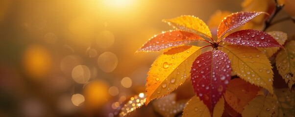 Vibrant autumn leaves covered in glistening water droplets during golden hour, Autumn Nature.