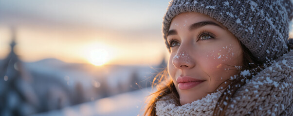 Close-up portrait of a beautiful young adult woman with snow on her face, wearing a knitted hat and scarf, looking up at a serene winter sunset in a snowy mountain landscape. Winter travel.