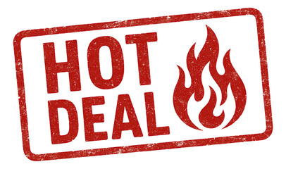 Red rectangular sticker with HOT DEAL in distressed style, impactful retail promotion on transparent background.