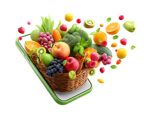 Fruits and vegetables in a basket flying out from a phone screen isolated on a transparent background