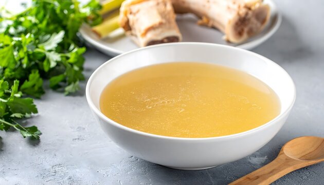 Delicious homemade bone broth in a white bowl, garnished with fresh herbs, perfect for nourishing meals and comfort food.