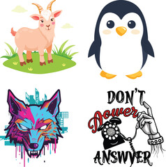 Fototapeta premium Vector art of cute cartoon animals and a dont answer phone illustration a goat, a penguin, a colorful wolf, and a vintage telephone graphic, isolated on white background