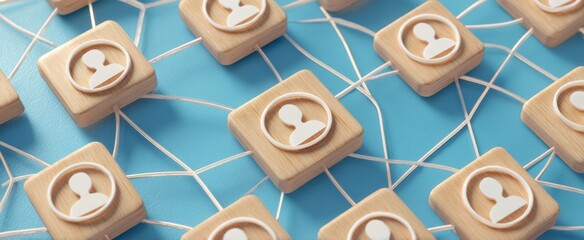 The networking icons arranged on a creative blue background for social connection.