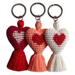 Romantic crochet heart keychains in vibrant yarn, handmade accessories in red, coral, and white,...