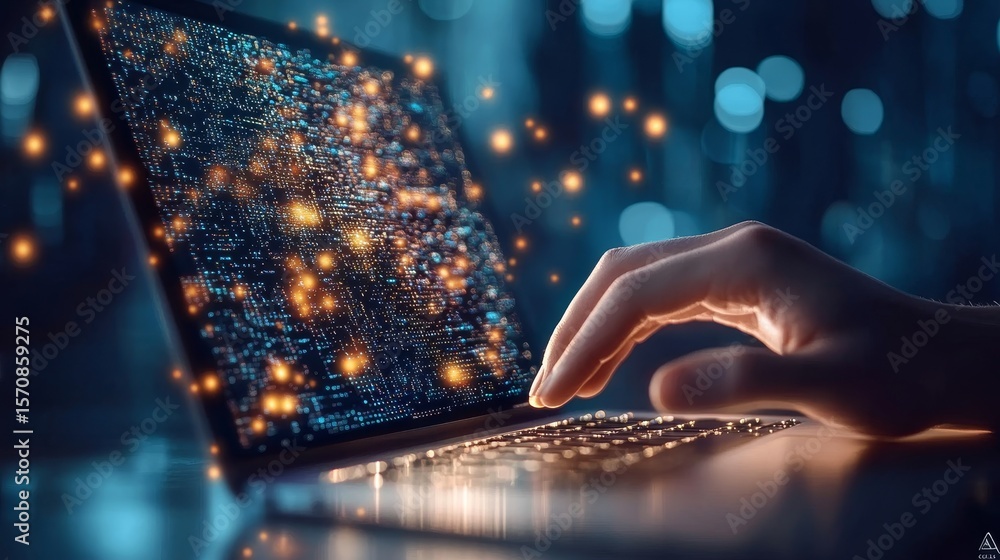 Poster data science coding on laptop with machine learning and ai technology in a digital workspace