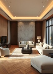 Richly designed luxury living room with warm brown and beige tones featuring light gray lounge furniture and an empty microcement background for art creating a mockup room suitable for an office Em
