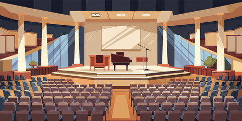 Modern auditorium stage with grand piano and seats