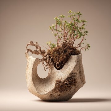 Textured, off-white ceramic vessel with an irregular, abstract form, containing a small, vibrant green plant with exposed roots