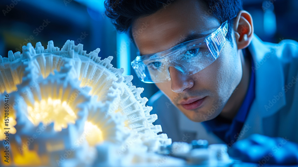 Poster scientist using advanced technology to analyze intricate 3d printed structure in high-tech laborator