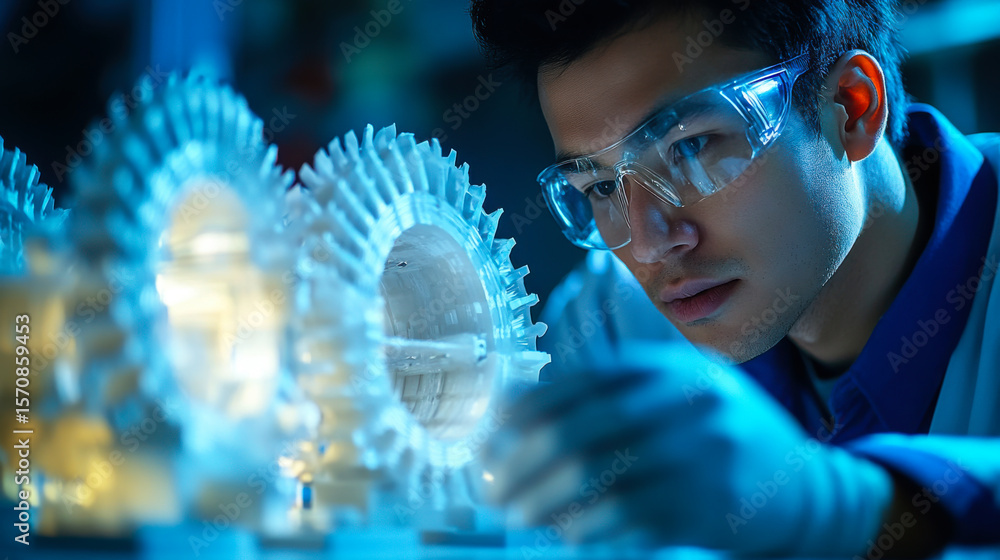 Poster scientist using advanced technology to analyze intricate 3d printed structure in high-tech laborator