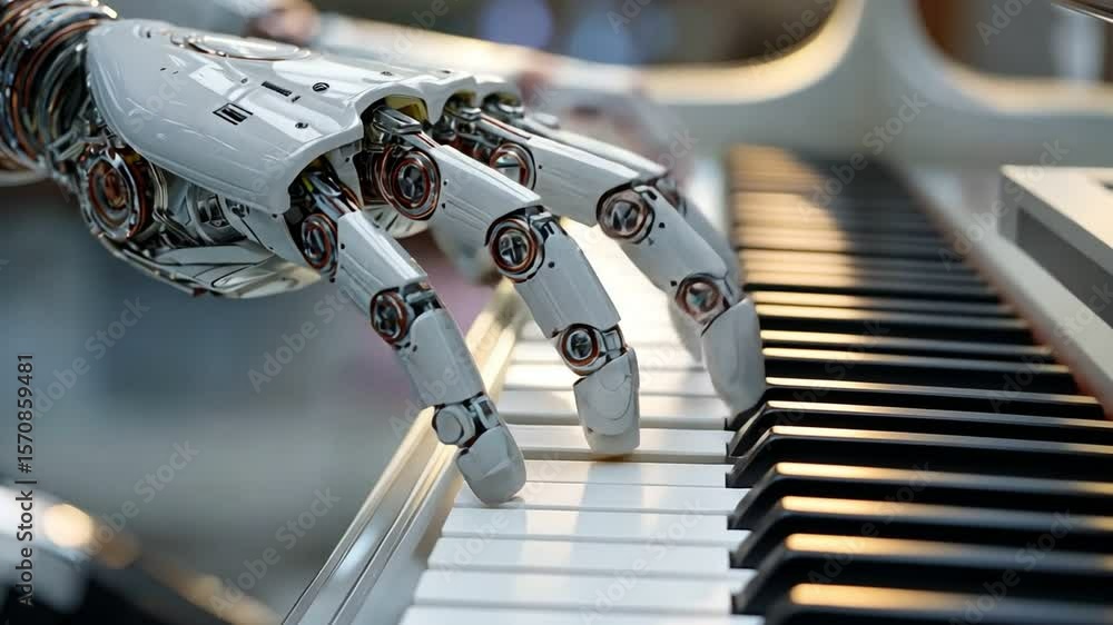 Poster automated melody: a detailed view of a robotic hand gracefully playing the keys of a grand piano, cr