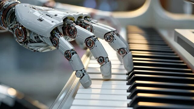 Automated Melody: A detailed view of a robotic hand gracefully playing the keys of a grand piano, creating a harmonious blend of technology and music.
