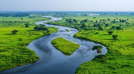 Curving river winds through a lush, green landscape