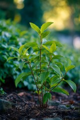 Obraz premium Verdant Cornus shrub displaying rich green foliage, spreading amid garden greenery under gentle sunlight