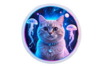 Cute cat with blue eyes and jellyfish background creates stunning fantasy atmosphere in digital art