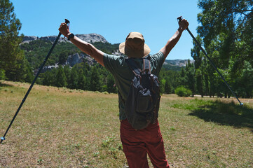 Backpacker Raising Hiking Poles Amid Stunning Mountain Landscape