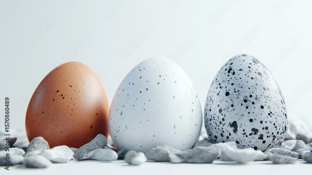 Poster beautifully arranged speckled and solid eggs resting on grey stones, creating a fresh and minimalist