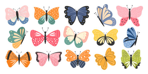 Colorful flat vector butterflies collection. Perfect for spring and summer designs, kids products, stickers, scrapbooking, textiles, nursery prints, and digital crafts.