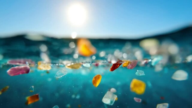 Microplastic Pollution: An underwater scene reveals colorful microplastics suspended in the ocean, illustrating the pervasive issue of pollution in the marine environment under the sun. 