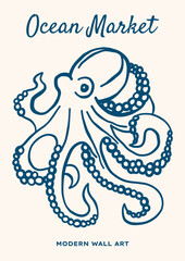 Outline octopus vector illustration. Minimalist retro sea poster design with ocean creature