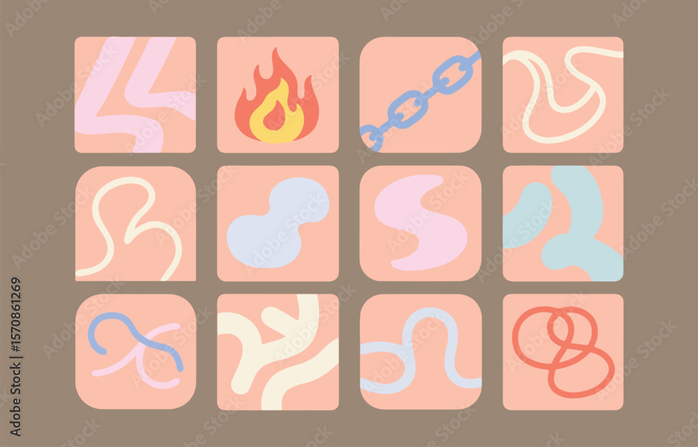 Poster collection of twelve abstract rounded square icons featuring organic shapes and simple illustrative 
