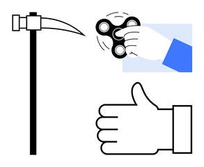 Hand spinning a fidget spinner, thumbs-up gesture, and a pickaxe icon. Ideal for technology, gaming, work-life balance, tools, relaxation, productivity and simple landing page